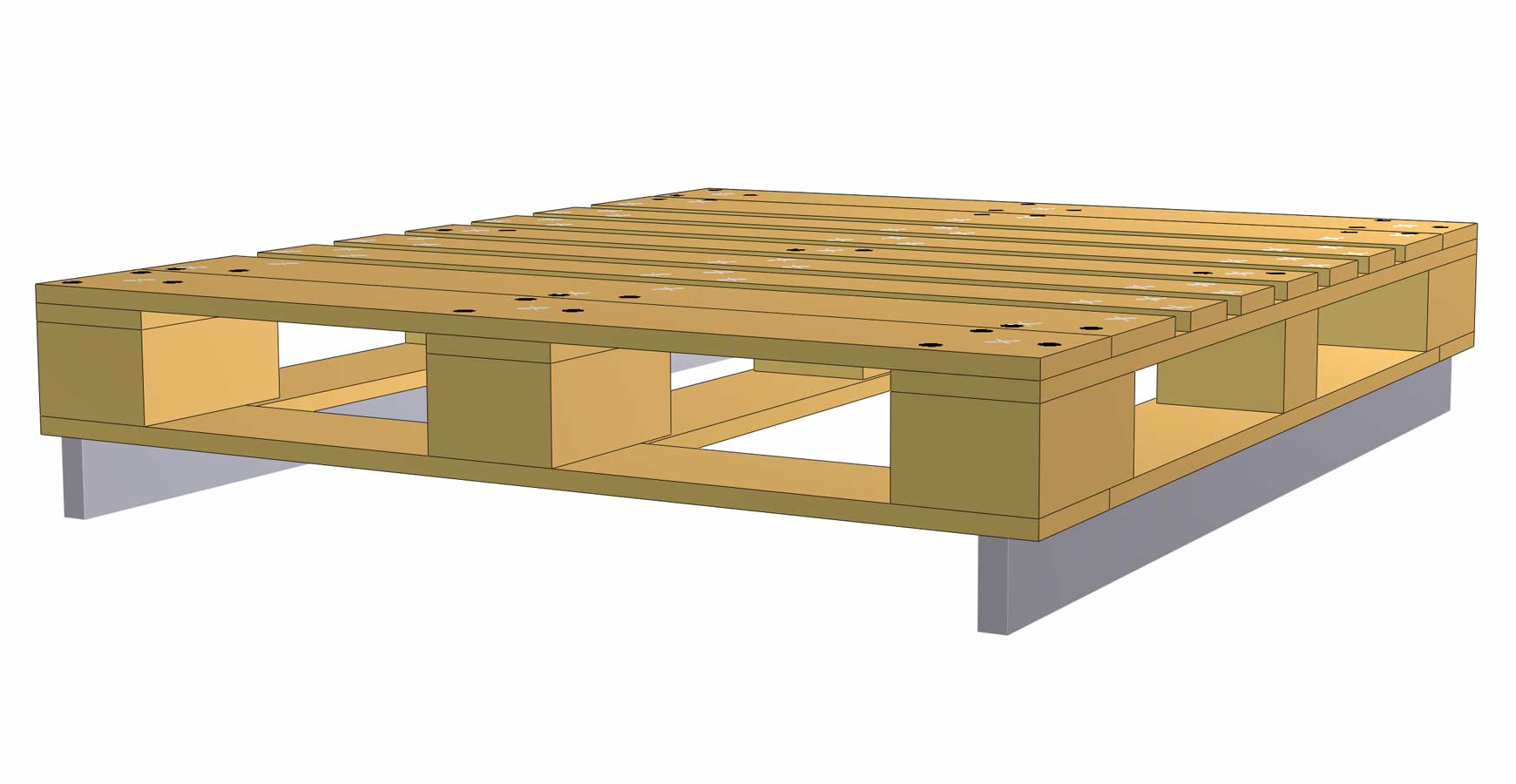 A three quarter view of a computer generated wooden pallet.